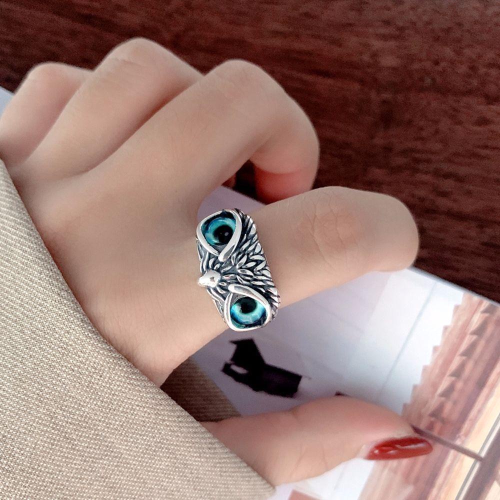 [Elegan] Cincin Burung Hantu Punk Keren Mata Biru Paduan Lebar Gadis Gaya Korea Ring