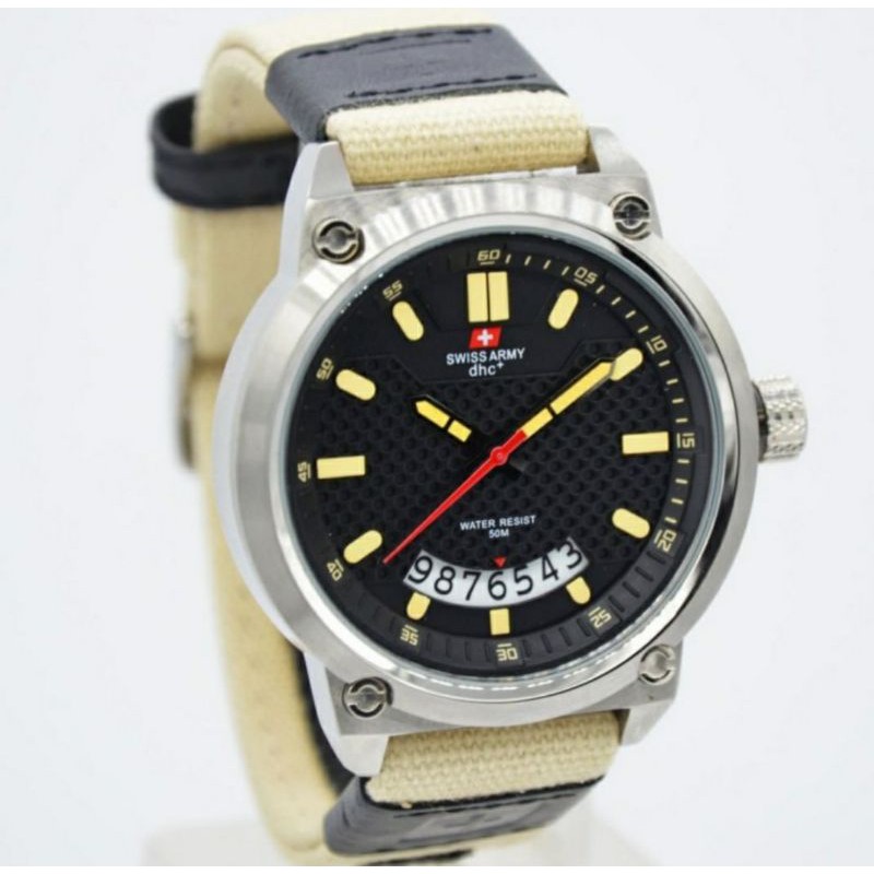 Jam Tangan Swiss Original Tali Kanvas - Jam Tangan Pria Original Tali Kanvas -Body Silver Tali Kream