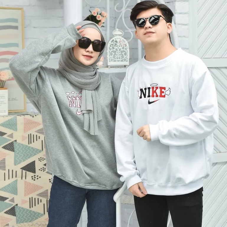 Sweater Crewneck Oversize Motif Nike Bahan Fleece Tebal Ala Korean Style