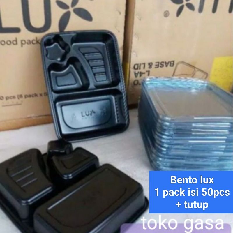 50 pcs Terlaris mika bento LUX sekat 4 /MIKA BENTO/BENTO HITAM/bento lux/mika bento plastik/box bent