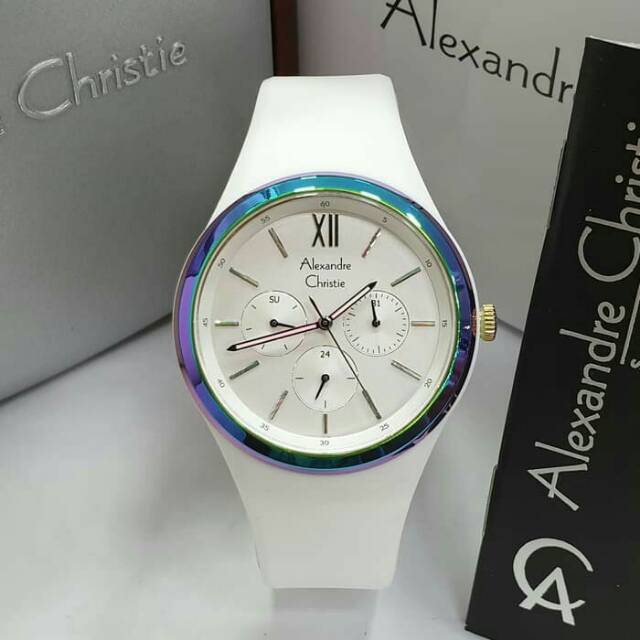 JAM TANGAN WANITA / CEWEK ALEXANDRE CHRISTIE WHITE TALI RUBBER ORIGINAL - PUTIH BIRU AC 2773 KARET