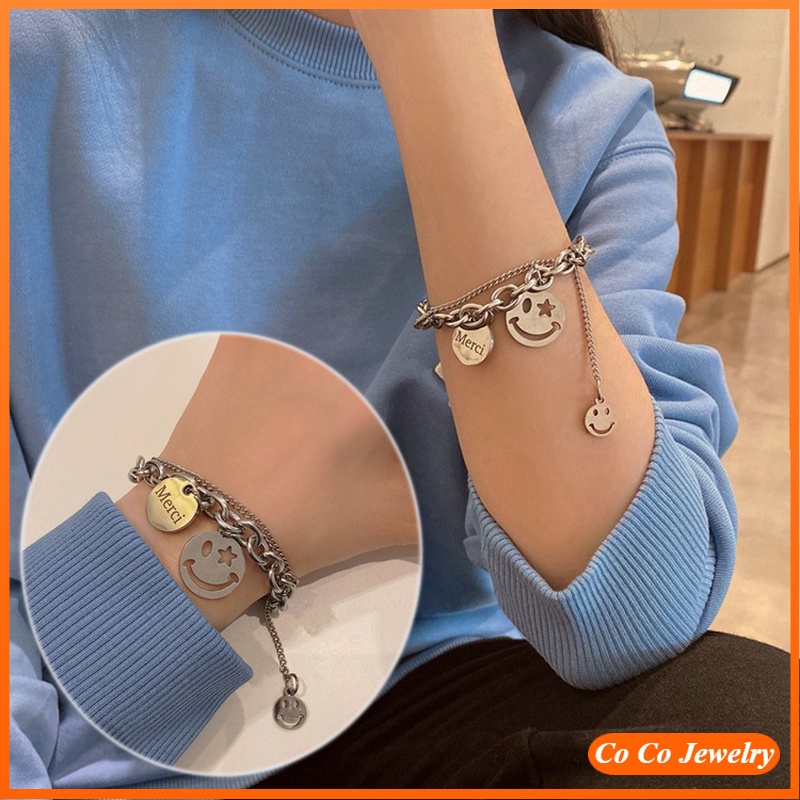 Gelang Desain Smiley Face Bahan Titanium Steel Gaya Korea Untuk Wanita Charms