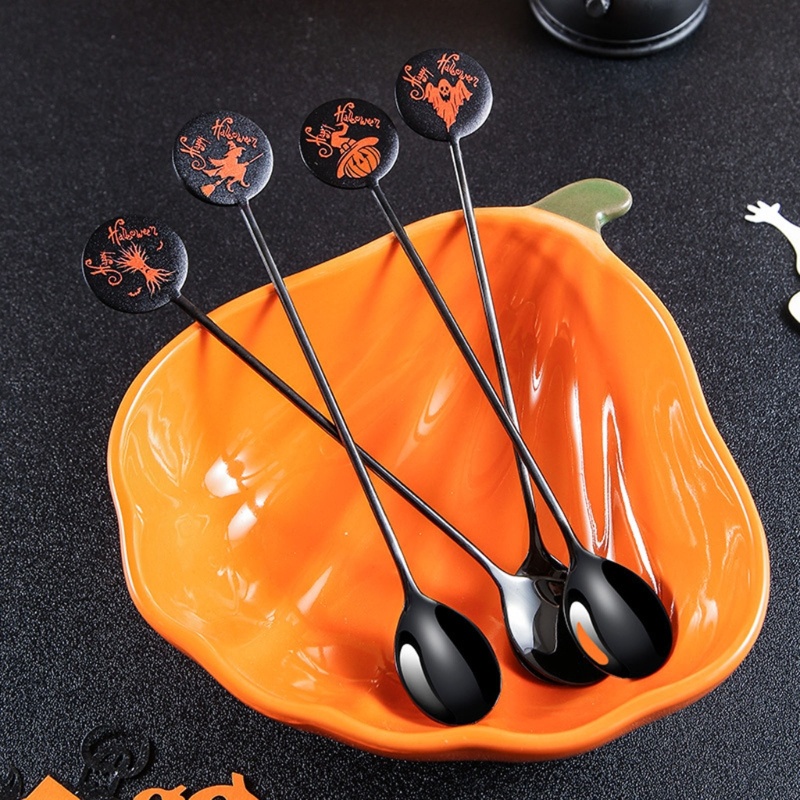 4pcs / set Sendok Kopi Desain Labu Hantu Penyihir Halloween Bahan Stainless Steel Warna Silver Untuk Pesta