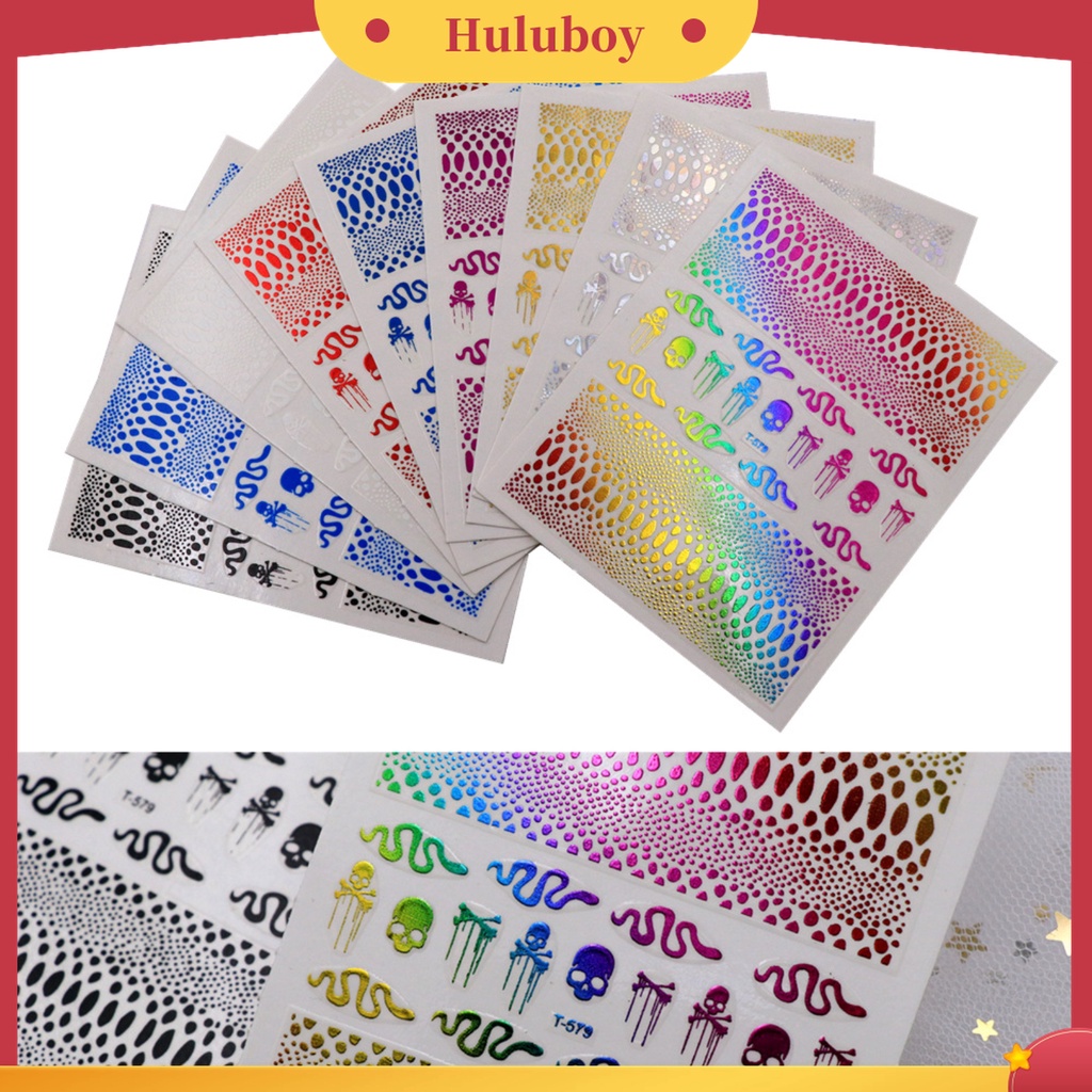 Huluboy Huluboy♡ 9 Pcs / Set Stiker Kuku Motif Print Ular Efek 3D Warna Hitam Untuk Dekorasi Manicure