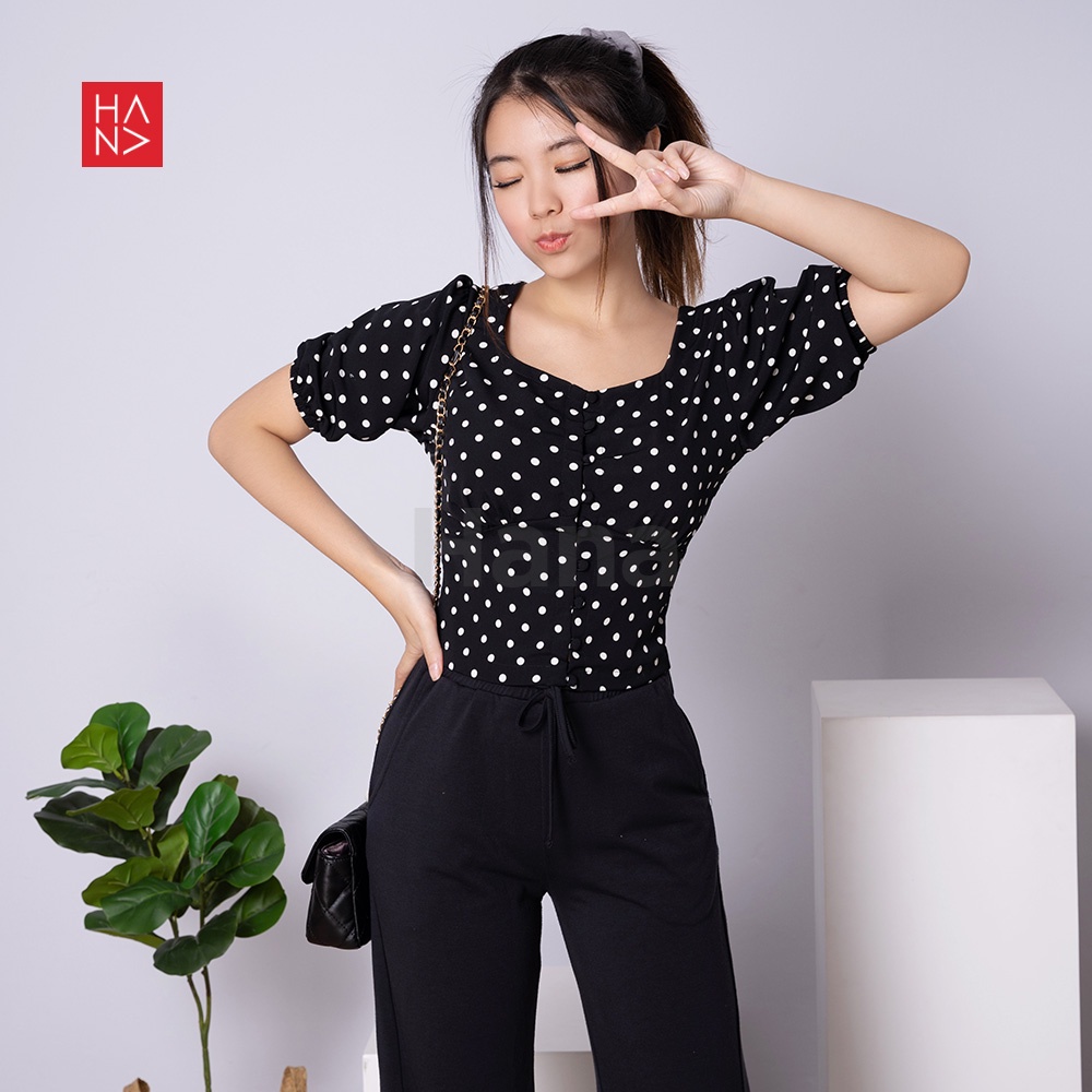 Hana Fashion - Clara Polka Puff Sleeve Blouse Atasan Wanita Gaya Korea - SB203