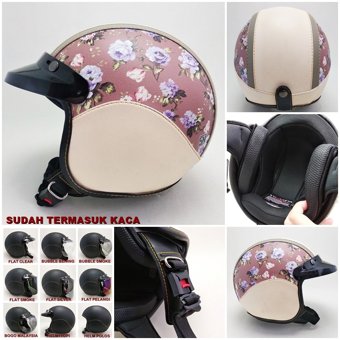 ELM BOGO WANITA Motif Bunga 2 STCG Retro Kulit Helm cewek Premium BERGARANSI Helm bogo Dewasa