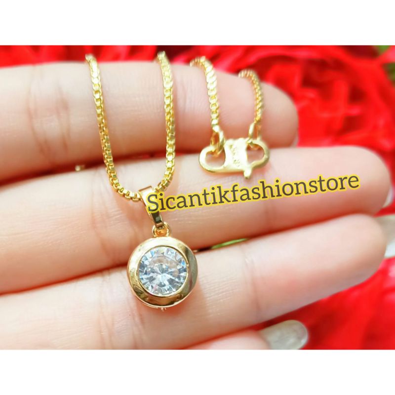 Kalung Titanium liontin Permata Model Bulat Fashion Wanita Terlaris Anti Karat Kalung wanita  Gold