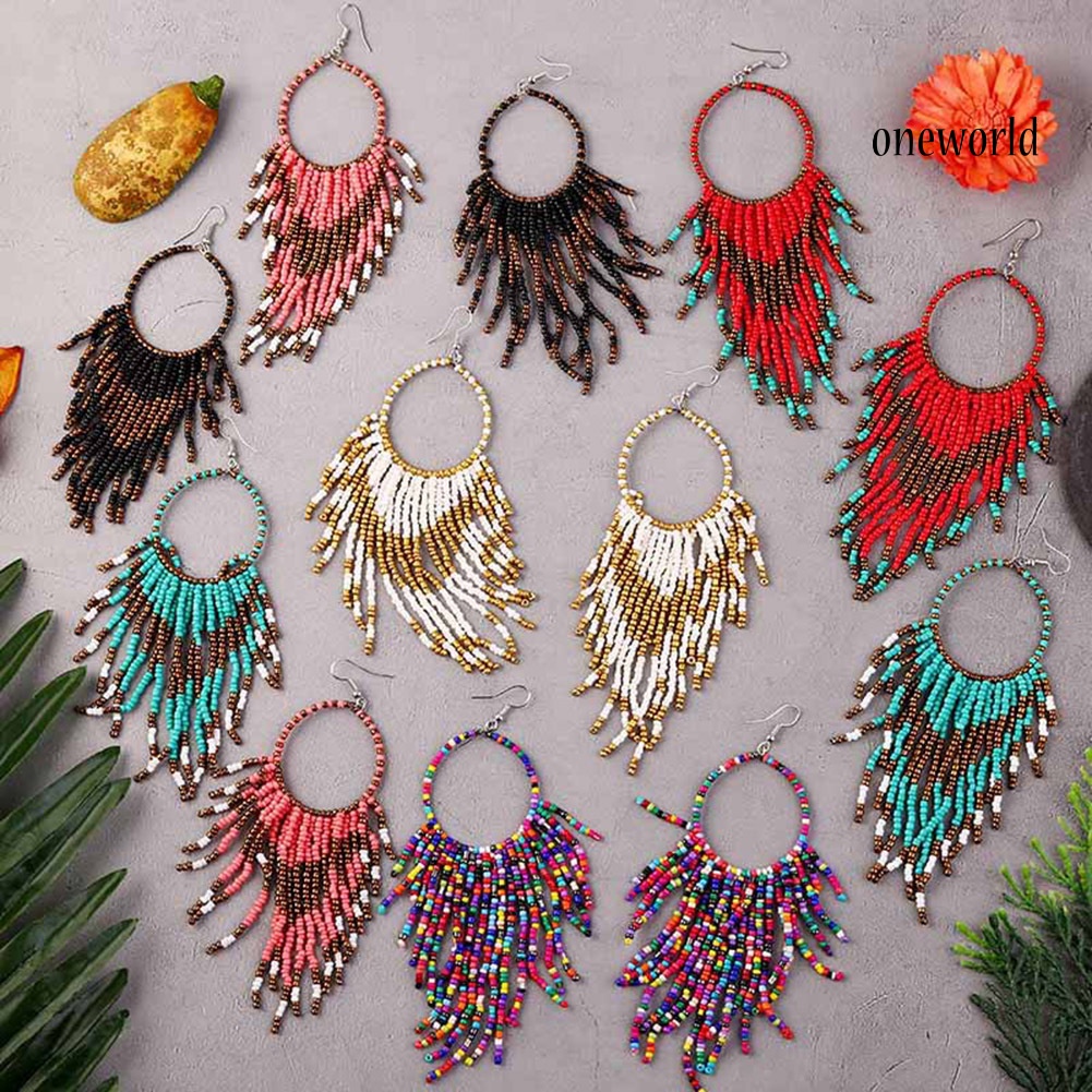 OW# Bohemian Women Beads Tassel Round Dangle Long Hook Earrings Statement Jewelry