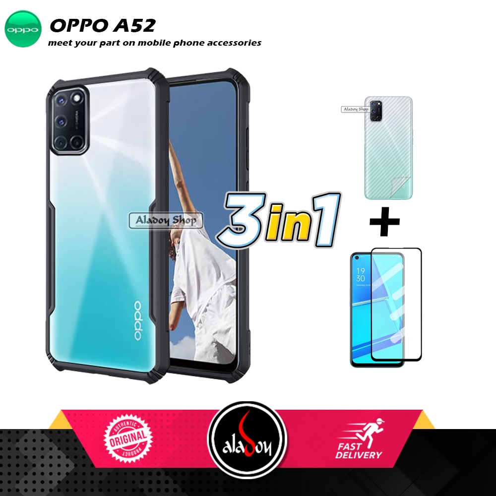 Case Oppo A52 Armor Fushion Transparent Casing + Tempered Glass Full Layar dan Skin Carbon