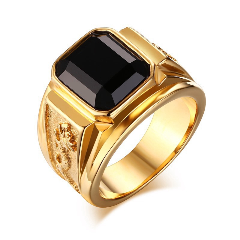 Cincin Emas 18k Aksen Batu Permata Ruby Sapphire Hitam Kristal Bentuk Naga Bahan Baja Titanium Silver