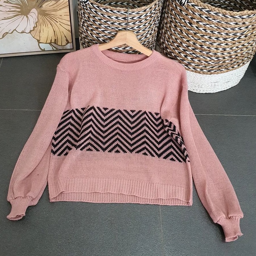 Outwear Rajut Little blousee Pakaian Wanita Motif Zigzag