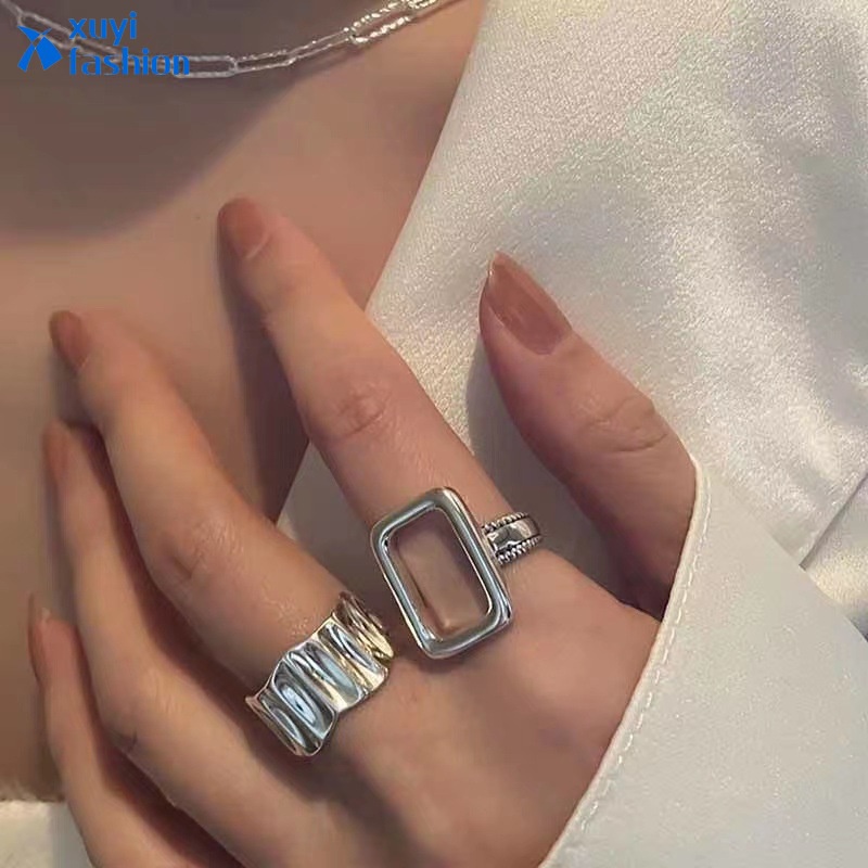 2pcs / Set Cincin Model Cutout Bentuk Persegi Warna Silver Untuk Aksesoris