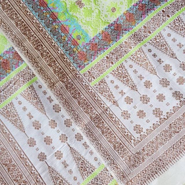 Songket palembang asli sutra ori bunga cino dasar gading kombinasi bunga