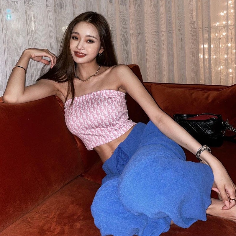 Sexy slim pink letter rompi Song Zhiya keinginan murni print tube top top women