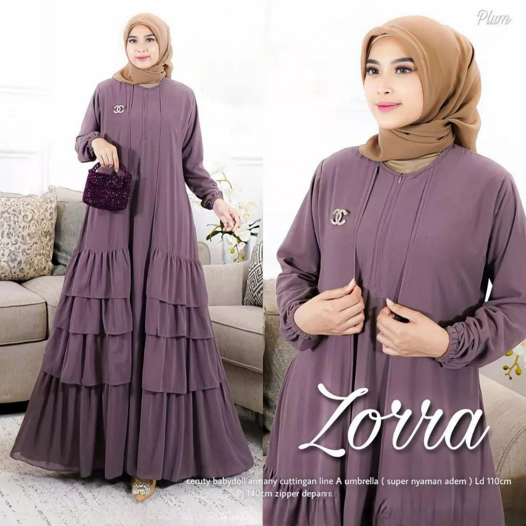 Gamis zorra dress bahan ceruty baby doll premium full furing / busui / resleting depan original