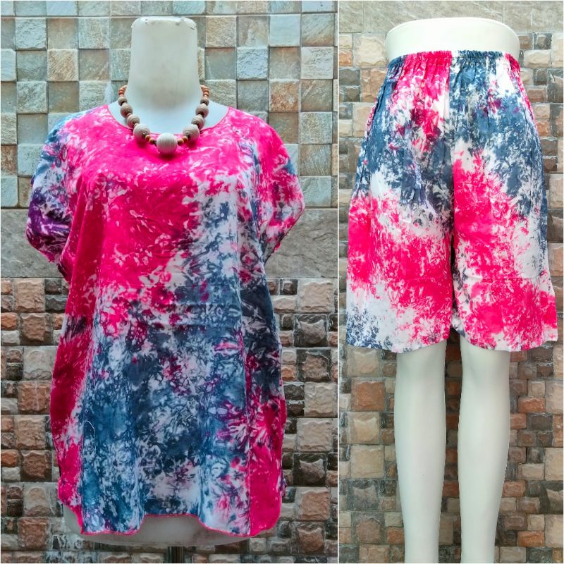 ONE SET TIE DYE SETELAN WANITA CELANA PENDEK RAYON XL BABYDOLL BALI KEKINIAN TIEDYE MOTIF KOPI-Td navy