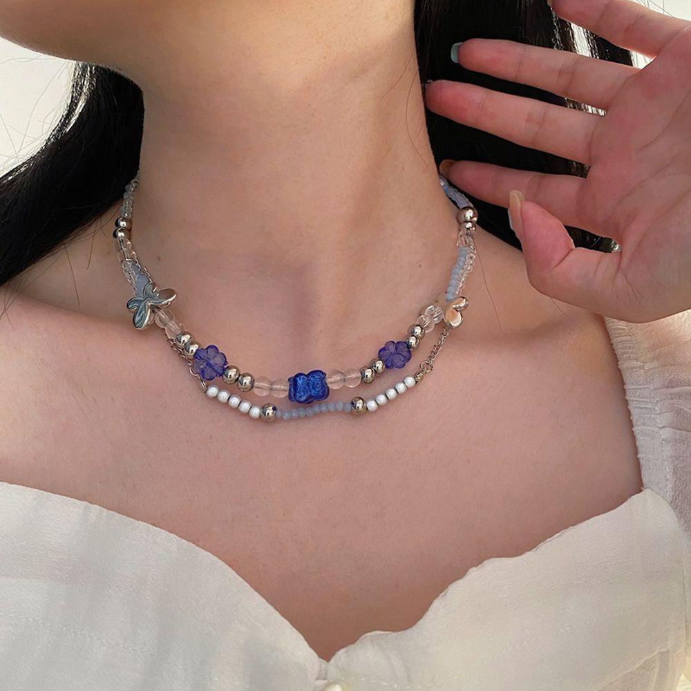 Needway   Wanita Kalung Trendi Rantai Manis Biru Liontin Manik-Manik Leher Perhiasan