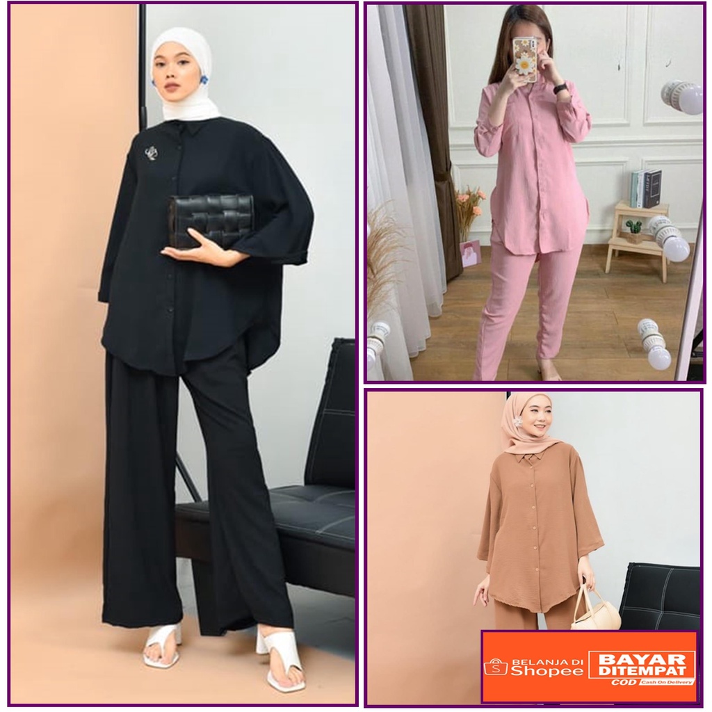 one set polos//oneset polos wanita//oneset //setelan wanita//setcel//setelan wanita kekinian//one set crinkle//set wanita terbaru LD 106-109