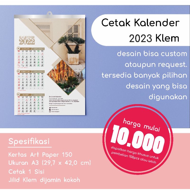 Jual Kalender Dinding 2023 Klem A3+ Bisa Satuan Custom Desain Kertas ...