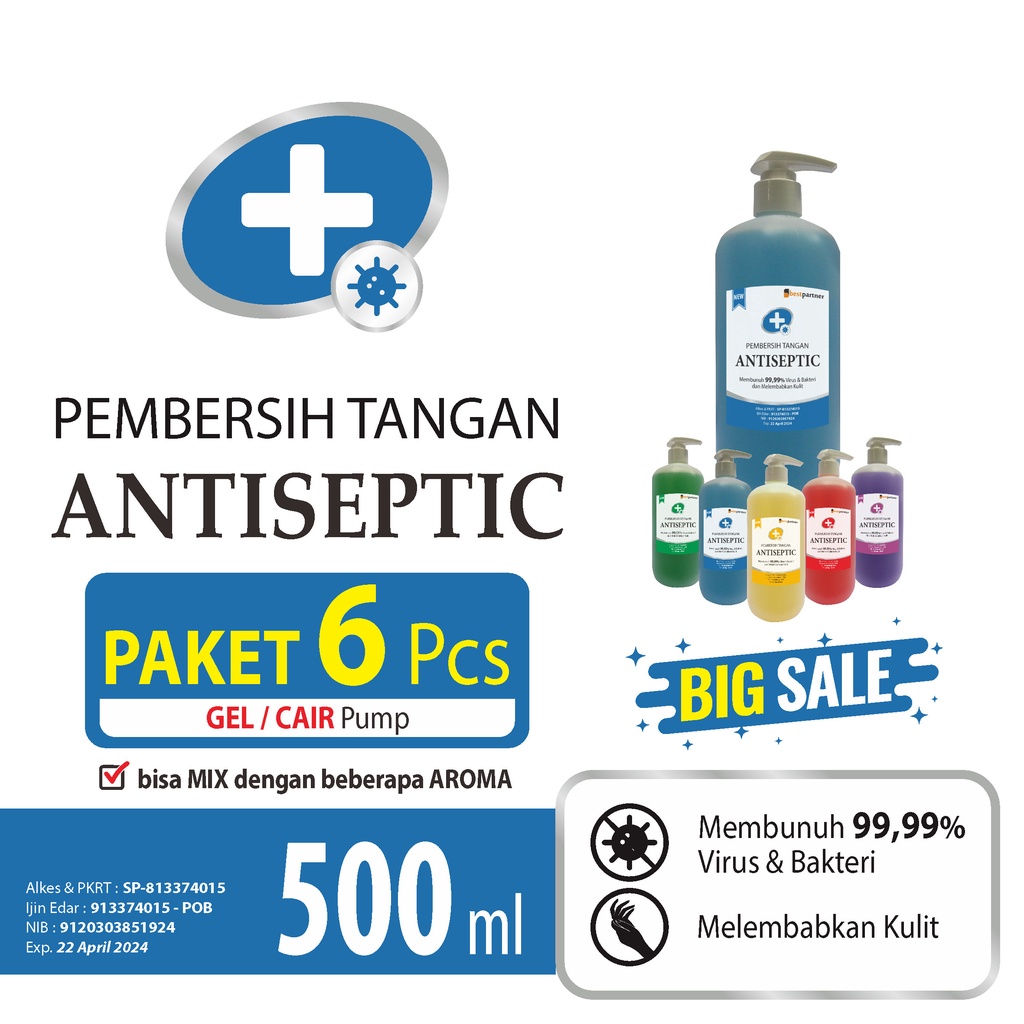 Handsanitizer cair pump 500 ml paket promo 6 pcs