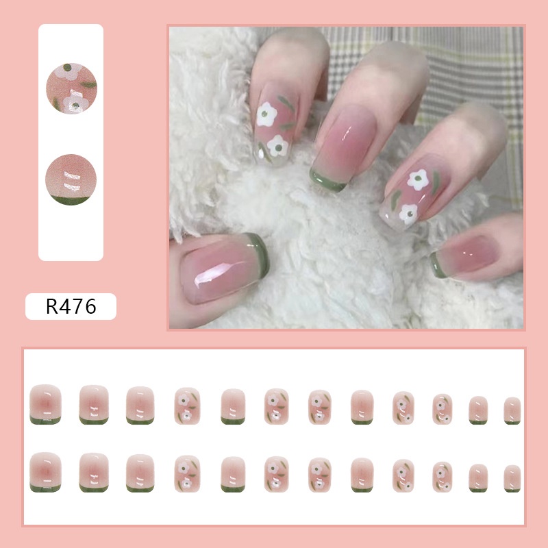 24pcs / box Kuku Palsu Bentuk Persegi Motif Bunga Warna Gradasi Pink Hijau