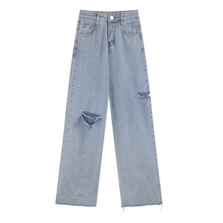 Biru Rawis--Korean New Robek Highwaist Straight Loose Celana Jeans Panjang Wanita（realpict）