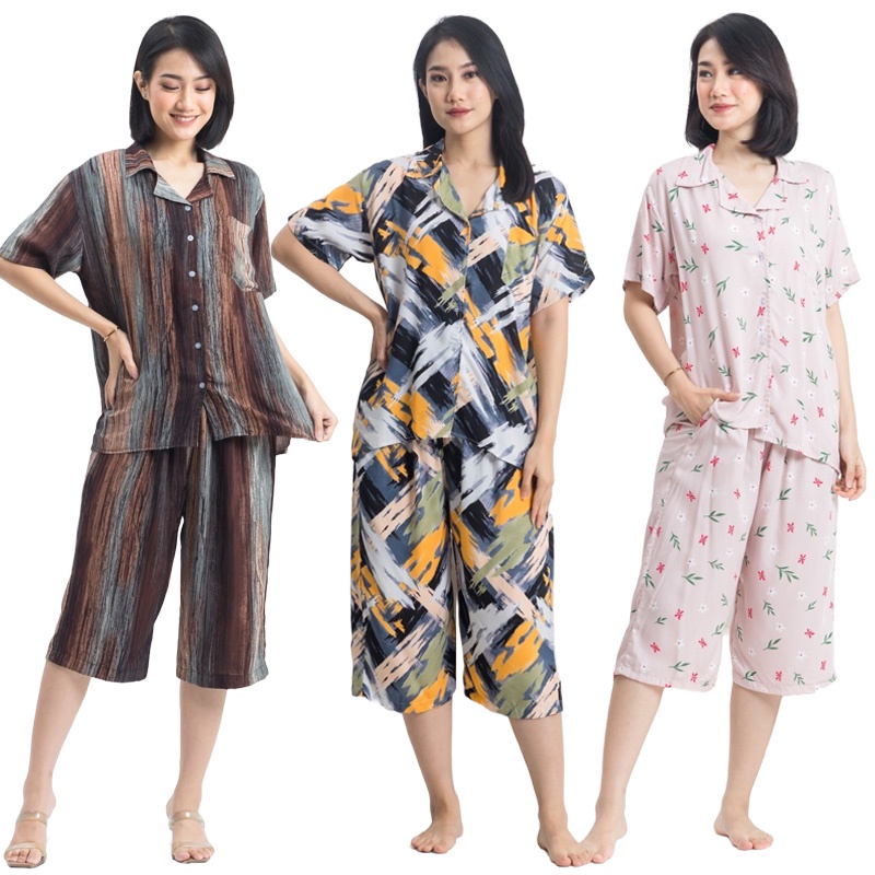 PDK MV R KC Baju Tidur Wanita Piyama Dewasa Setelan Celana 7/8 78 Bahan Katun Rayon One Set Sleepwea