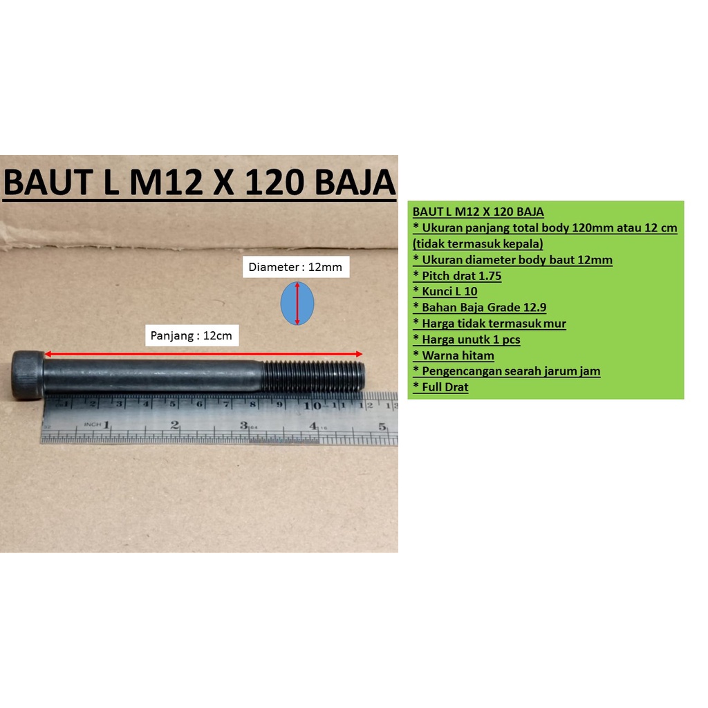 BAUT L BAJA M12X120MM / BAUT L M12X120 BAJA FULL DRAT / L BAJA M12 X 120MM / BAUT L M12 x 120 BAJA /