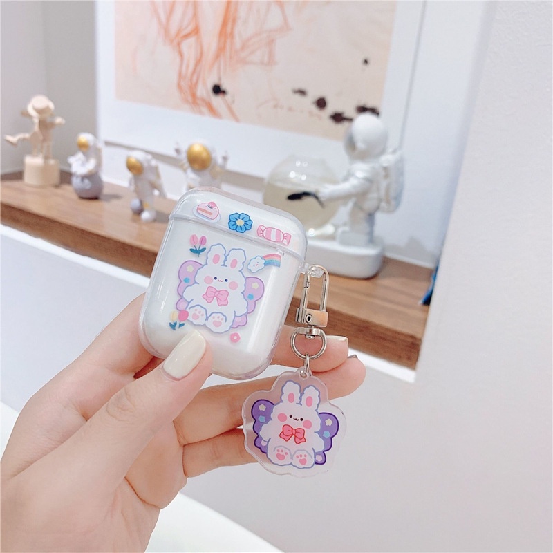 Case Bening AirPods 1 2 i12 Casing Pelindung Earphone Transparan Motif Bunga Gantungan Kunci