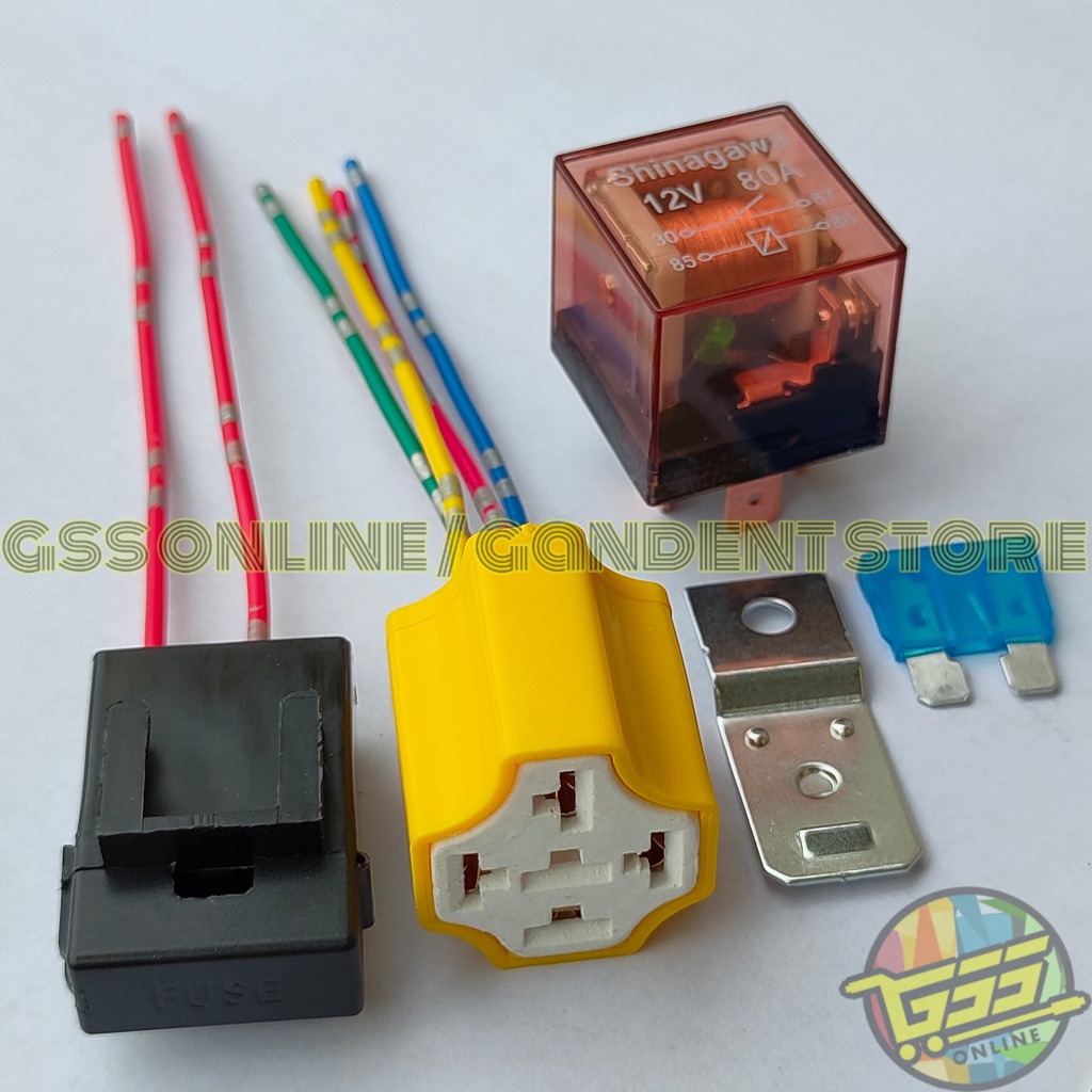 Paket lengkap Relay CR7 SHINAGAWA original 12v 30a 80a kaki 4 socket relay KERAMIK kaki 4 dan rumah sekring kabel kecil