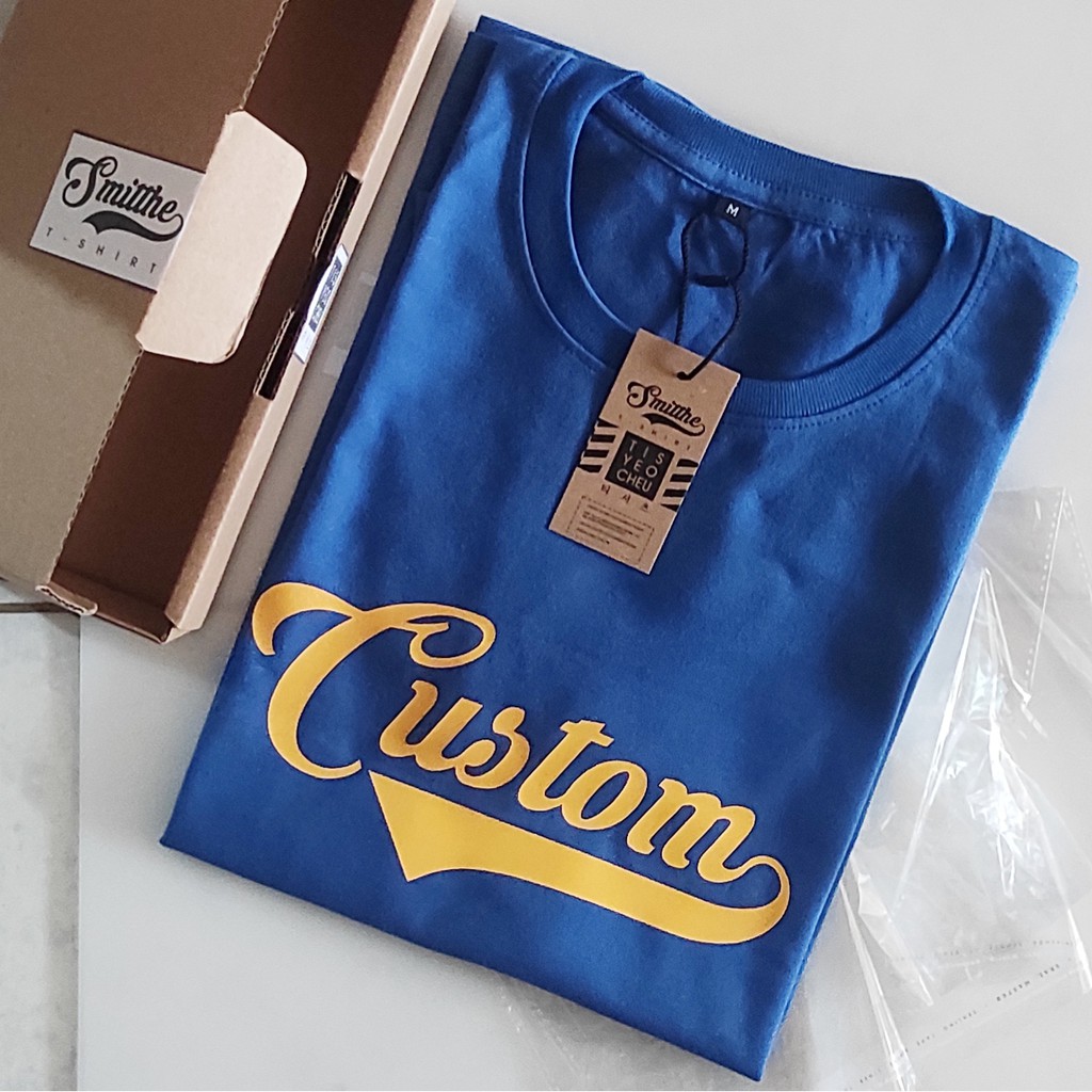 Kaos Custom Nama Tulisan Kuning Sablon Polyflex Korea TShirt Biru Satuan BK2