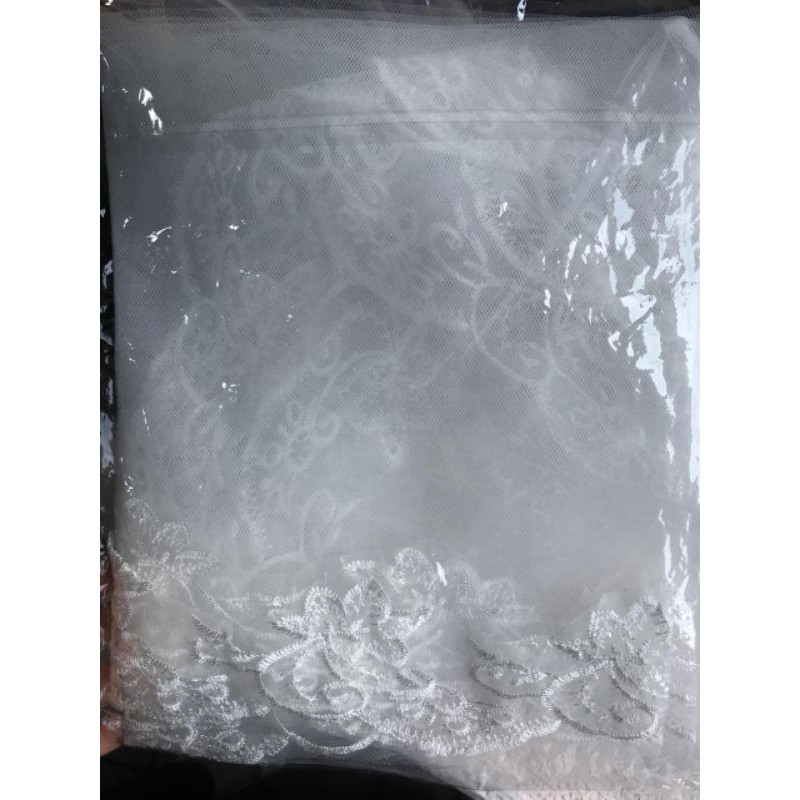 SLAYER/kerudung pengantin 1layer white elbow tulle lace edge wedding bridal...1.5m-Ivory