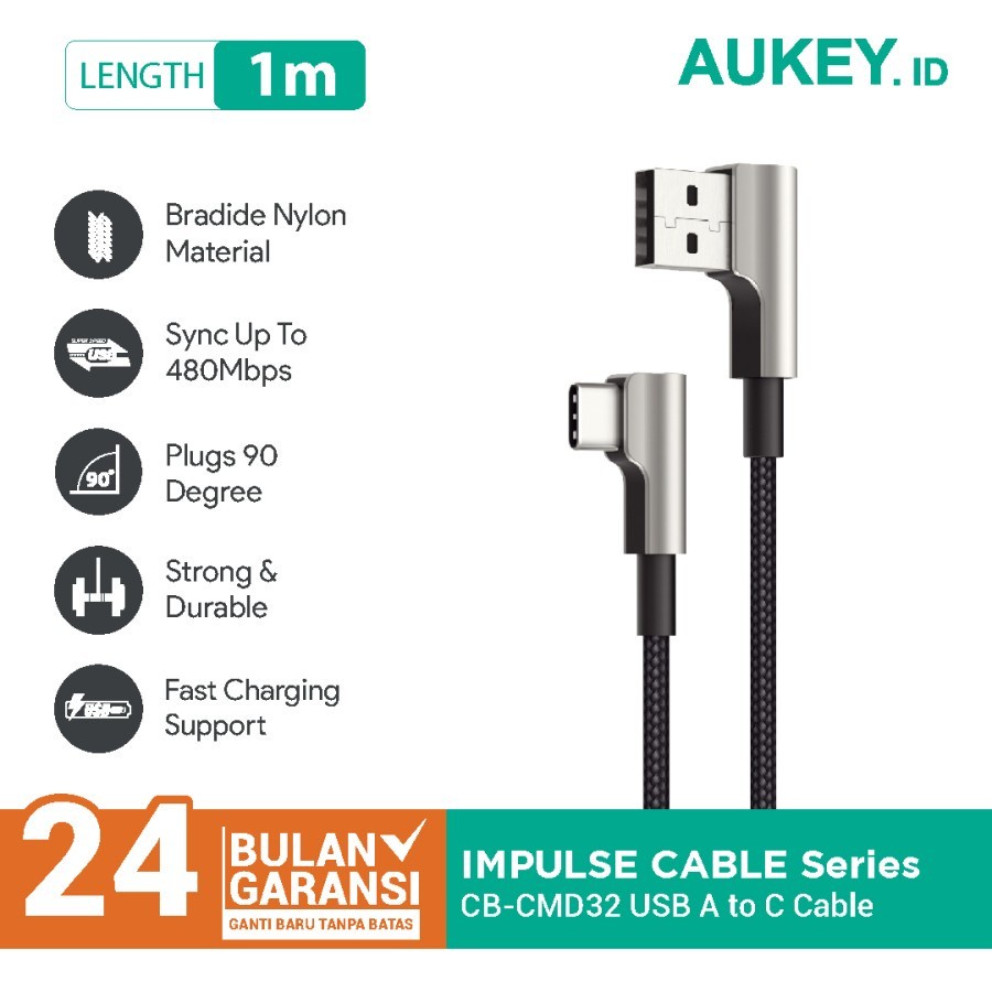 Kabel data Charger Aukey Type C CB-CMD32 90º Braided Nylon 1M