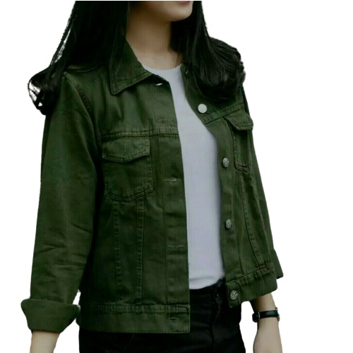 Jaket jeans Denim Wanita warna Hijau Army Bahan Tebal