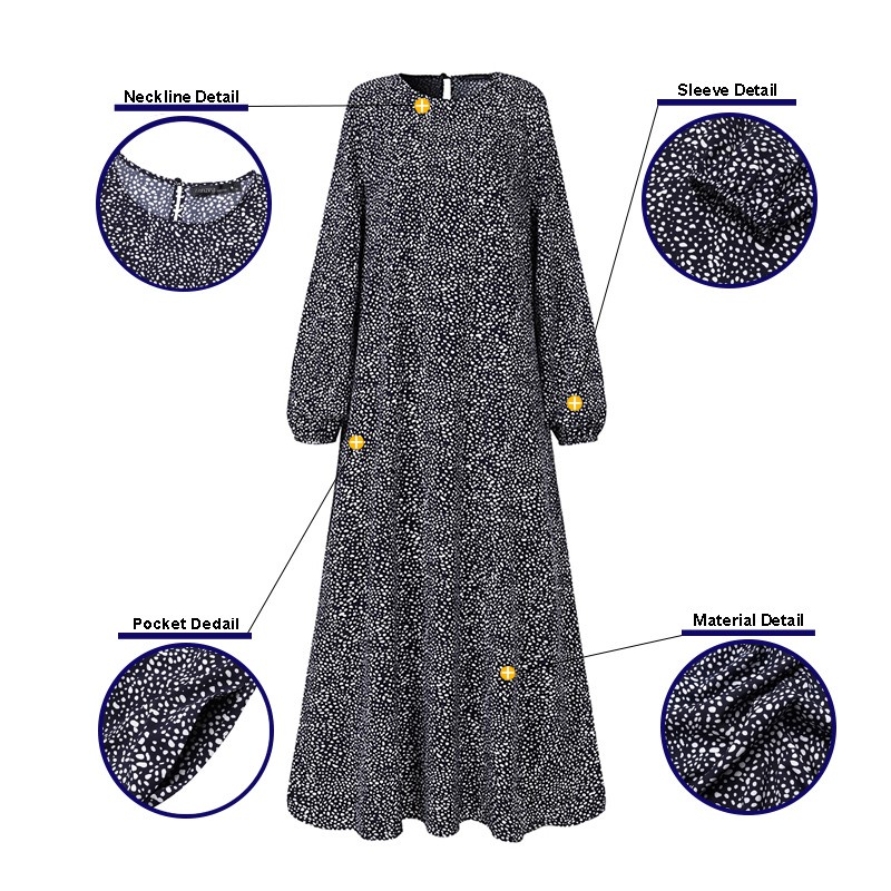 ZANZEA Women Elastic Cuffs Casual Dot Printing Muslim Maxi Dress