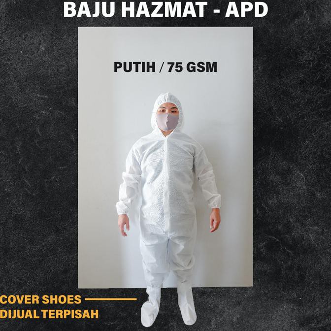 baju APD HAZMAT bahan spunbond 65gsm/75gsm/100gsm ready stock - putih 75 gsm