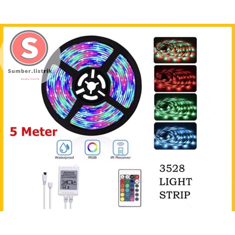 LAMPU LED  STRIP 3528 2835 RGB WATERPROOF WARNA WARNI IP44 5M AC 220V + ADAPTOR + REMOTE 3528