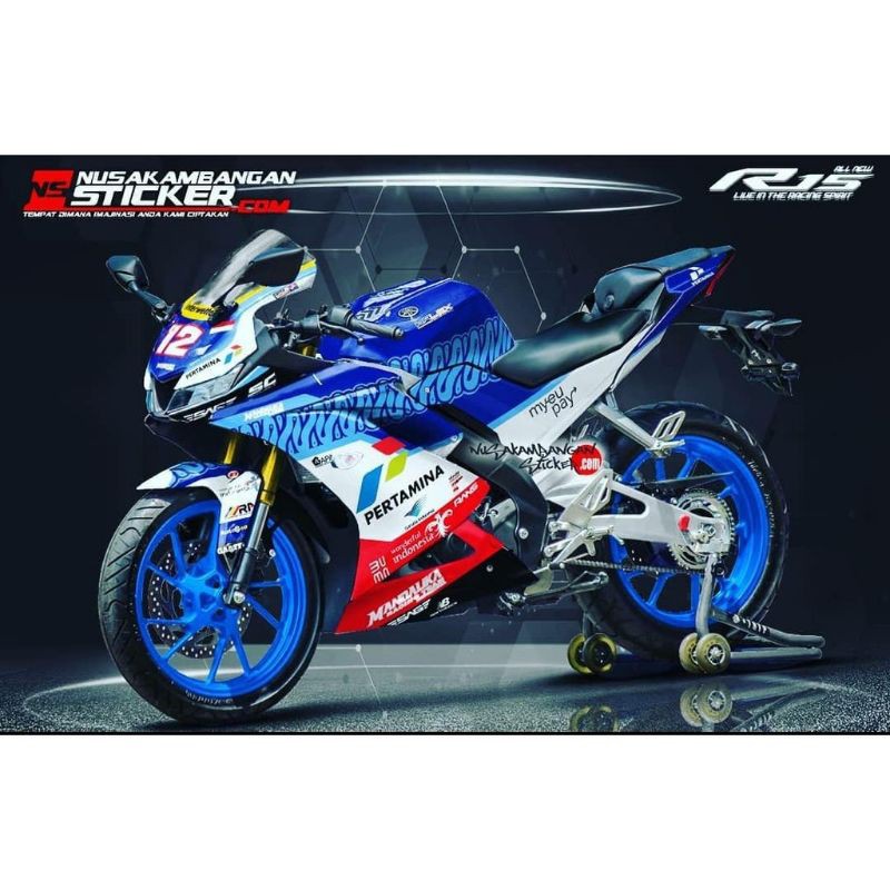 Decal Stiker Motor Yamaha R15 V3 Full Body Mandalika Biru Putih Grafis Racing Team Sticker Variasi C
