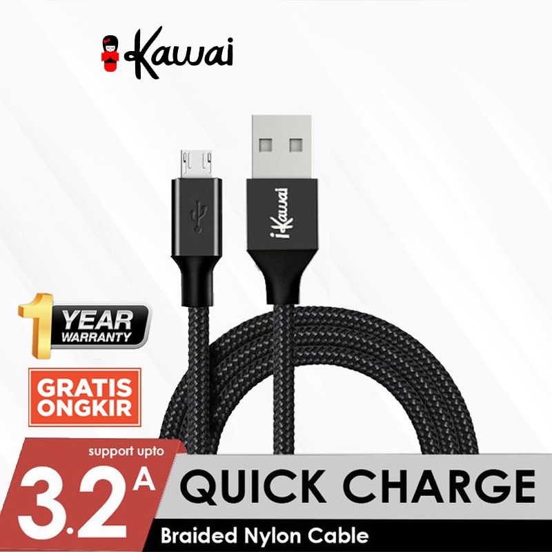 iKawai Braided Nylon Kabel Data MicroUSB Type C Iphone Lightning QC3.0 Fast Charging 3.2A IKKNC100B