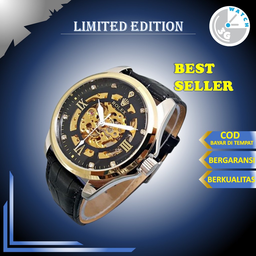 Jam Tangan Pria Cowok Laki Laki Automatic Transparan Tali Kulit Keren Import Original