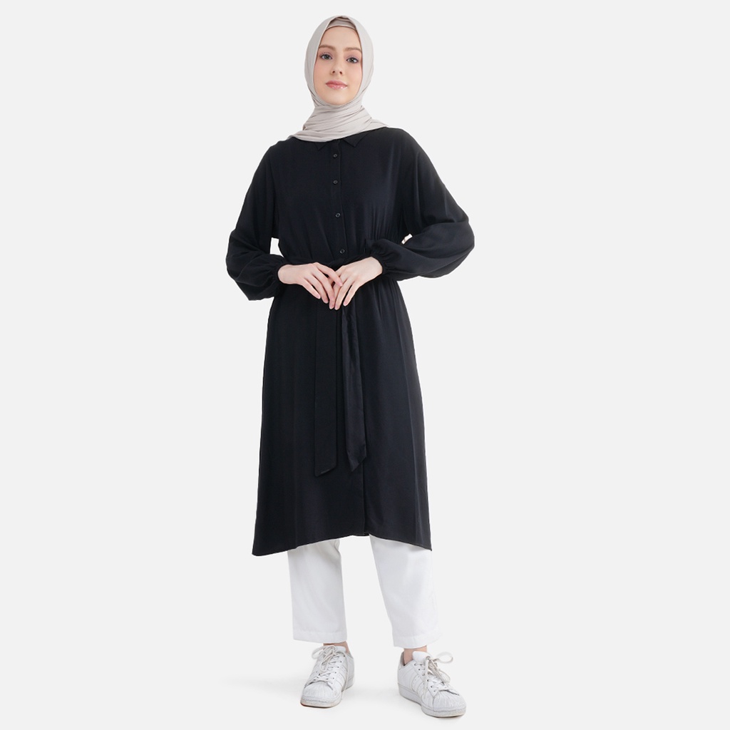 Aeesha Kemeja Tunik Wanita Muslim Lengan Panjang LIN000031A Hitam