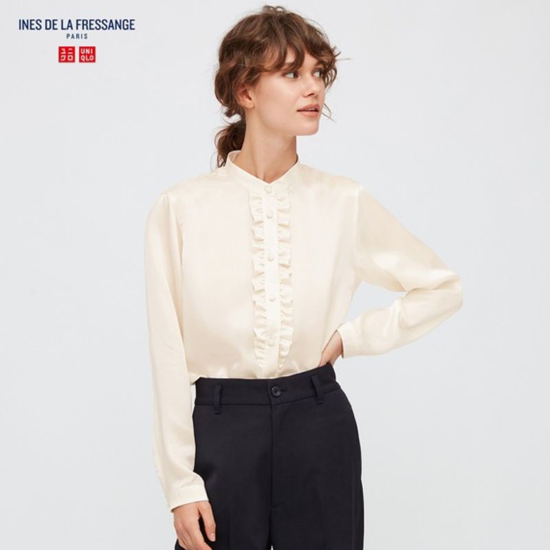 UNIQLO - WOMEN BLUS SUTRA FRILL LENGAN PANJANG