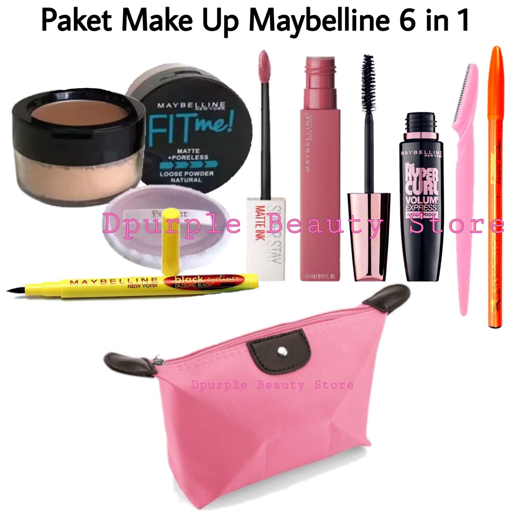 Paket Make Up Maybelline Lengkap Hemat 7 in 1 Gratis Pouch Cantik - Bedak Tabur - Eyeshadow Dompet - Maskara - Eyeliner - Lipcream - Pensil Alis - Pisau Cukur Alis - Gratis Tas Kosmetik Pouch