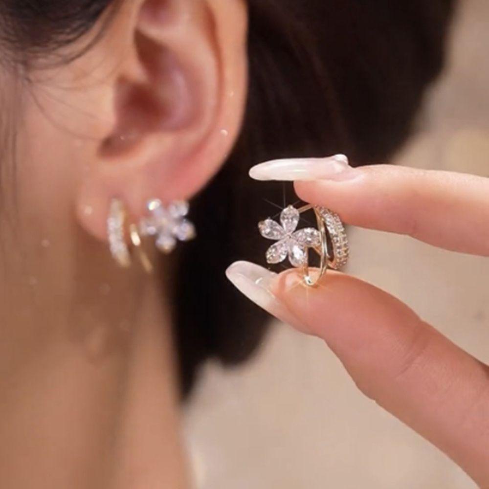 R-flower Stud Earrings Berlian Imitasi Logam Mutiara Elegan