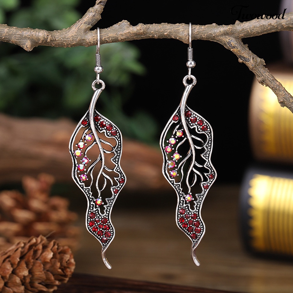 Twowood 1 Pair Hook Earrings Leaf Colored Rhinestones Jewelry Electroplated Long Lasting Drop Earrings for Wedding