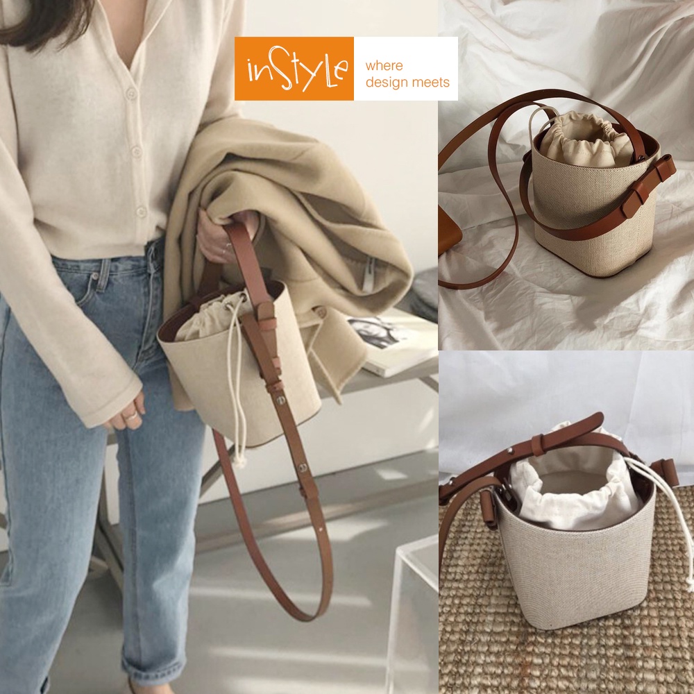 Bucket Tangan Bahu Tas Bucket Kanvas Wanita Model Tangan Bahu Selempang dengan Serut Tas Bucket Kanv