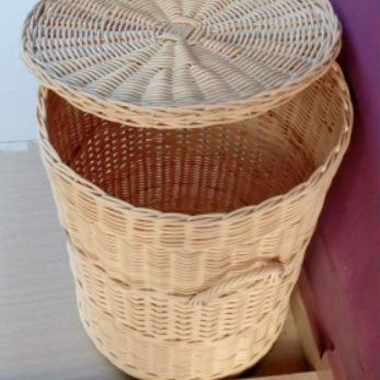 Keranjang rotan bulat tutup laundr besar penyimpan barang baju kotor mainan anak 35x35x30 cm