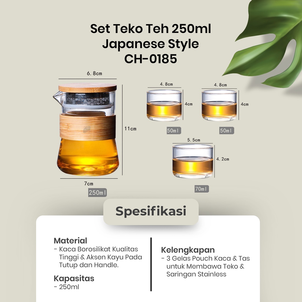 TEA SET JAPANESE STYLE | TEKO TEH 250ML 3 GELAS KACA POUCH - CH-0185