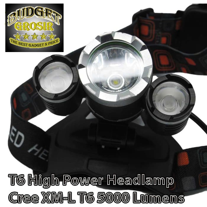 Headlamp 3 LED 5000 Lumens Cree XM-L - T6 HD-LD - Black--TaffLED