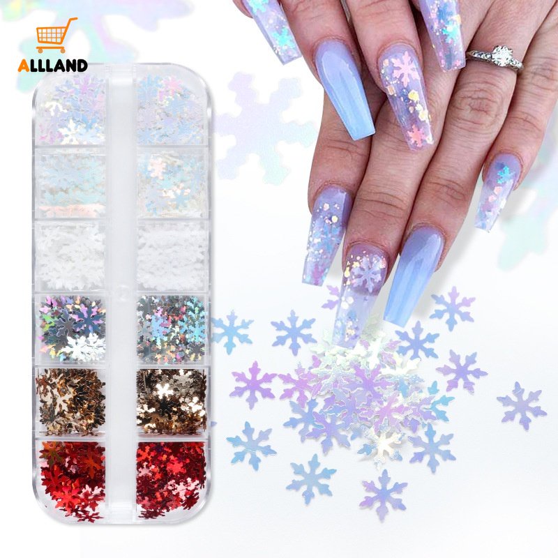 12 Grids Aksesoris Kuku Desain Snowflakes 3D Holographic Untuk Dekorasi Nail Art